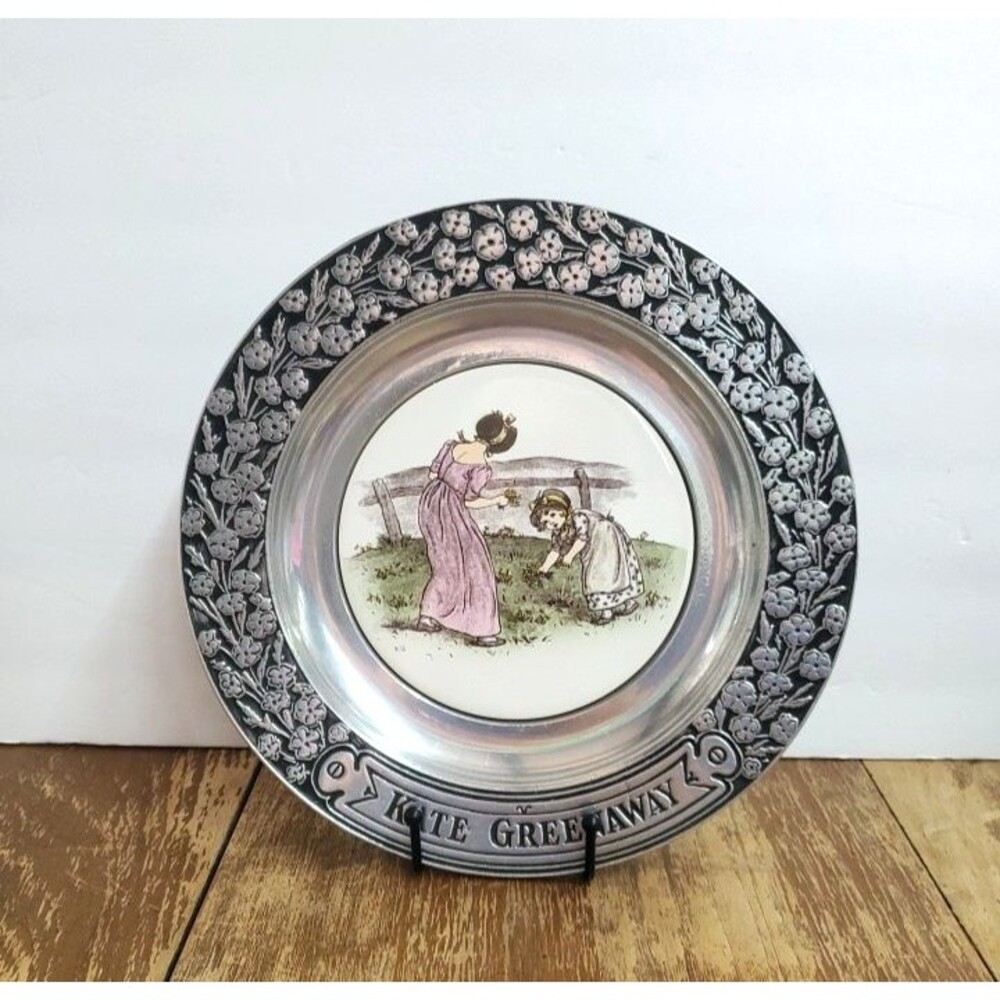 Vintage Wilton Armetale Pewter Plate Kate Greenaway Porcelain Insert 11"